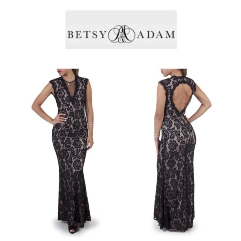 Betsy & Adam Black Lace & Nude Underlay Sleeveless
 V-Neck Gown Dress 0